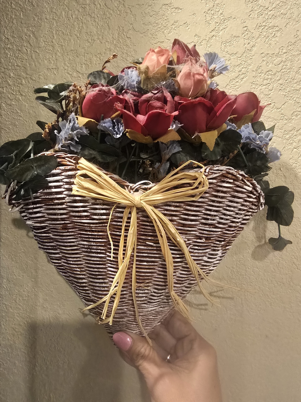 Handmade Wicker Wall Basket with Red and Pink Floral Arrangement